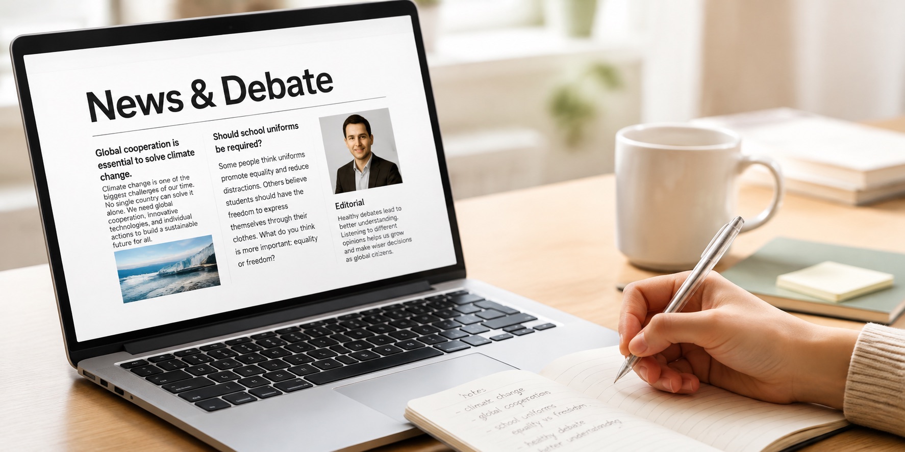 노트북 화면에 News & Debate 수업 자료가 열려 있고 학생이 노트에 필기하는 모습
