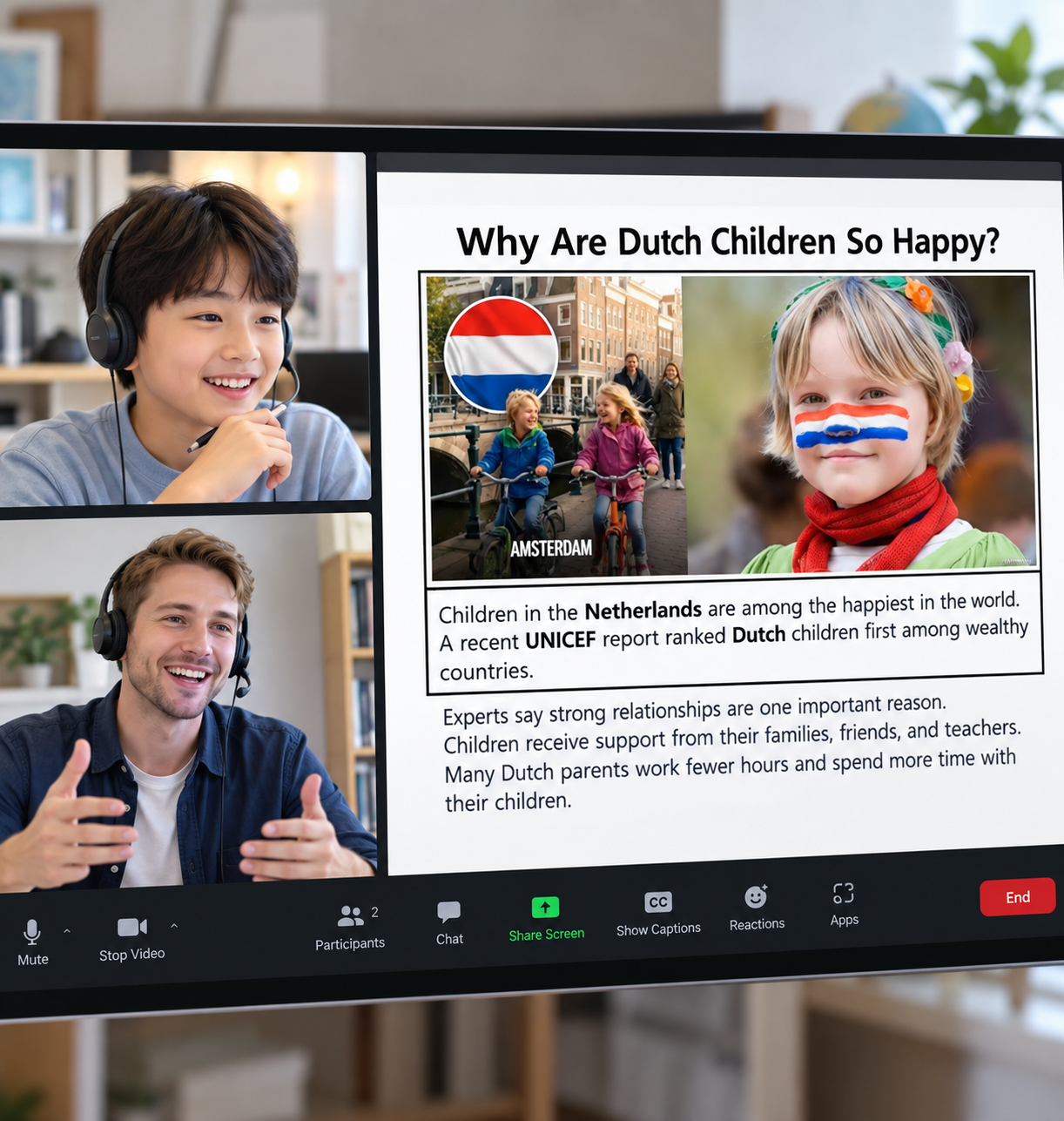 Why Are Dutch Children So Happy 주제로 진행하는 뉴스톡 화상 수업 화면